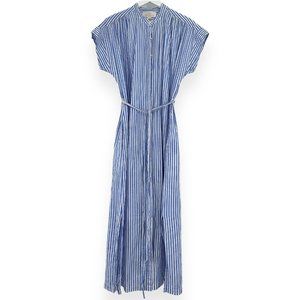 Trovata Astrid Button Up Belted Midi Dress in Blue & White Stripes